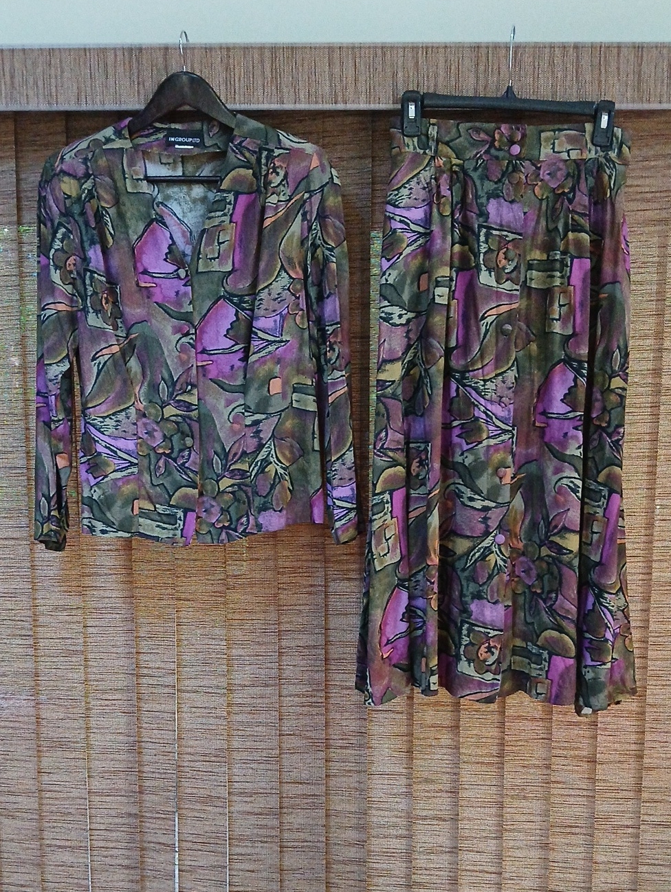 Vtg 80s / 90s In Group Ltd Rayon Skirt Set Jacket Abstract Watercolor Floral